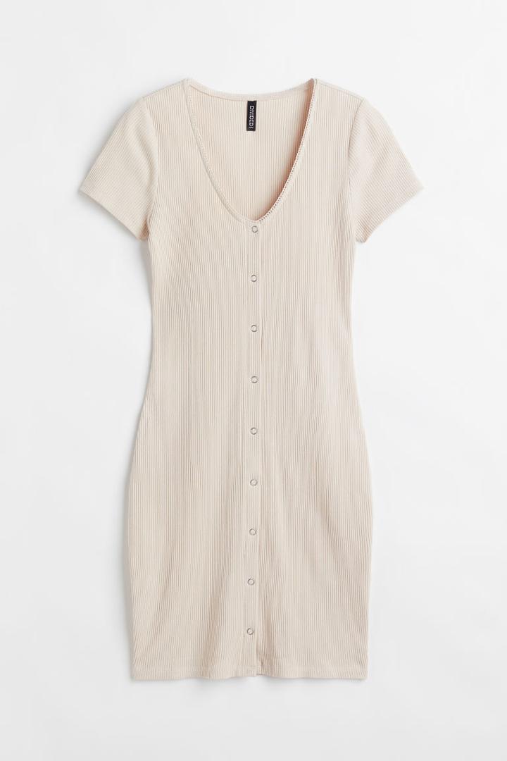 H & M - Ribbed Jersey Bodycon Dress - Beige