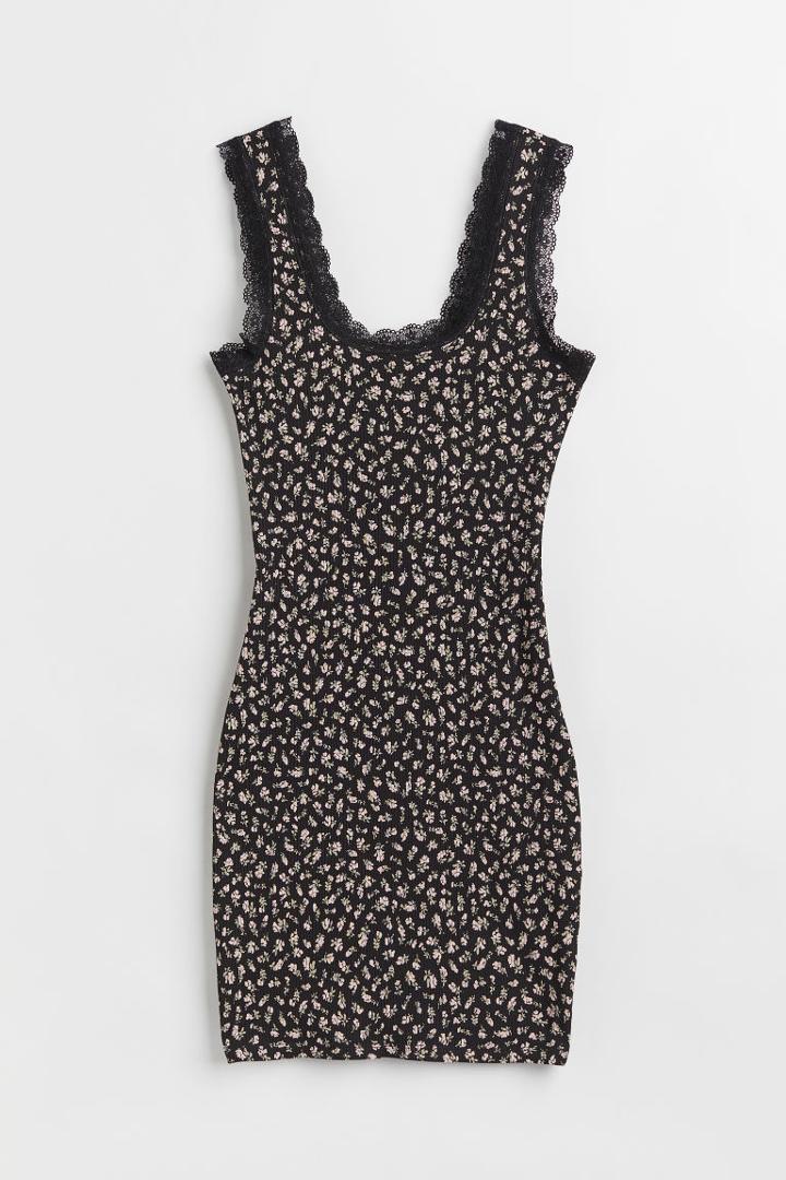 H & M - Lace-trimmed Ribbed Dress - Black