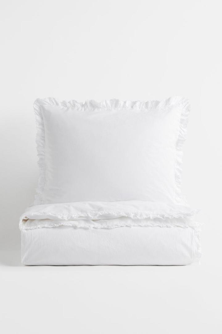 H & M - Ruffle-trimmed Twin Duvet Cover Set - White