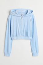 H & M - Hooded Velour Crop Jacket - Blue