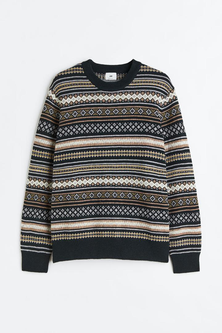 H & M - Regular Fit Jacquard-knit Sweater - Black