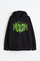 H & M - Oversized Fit Printed Hoodie - Black