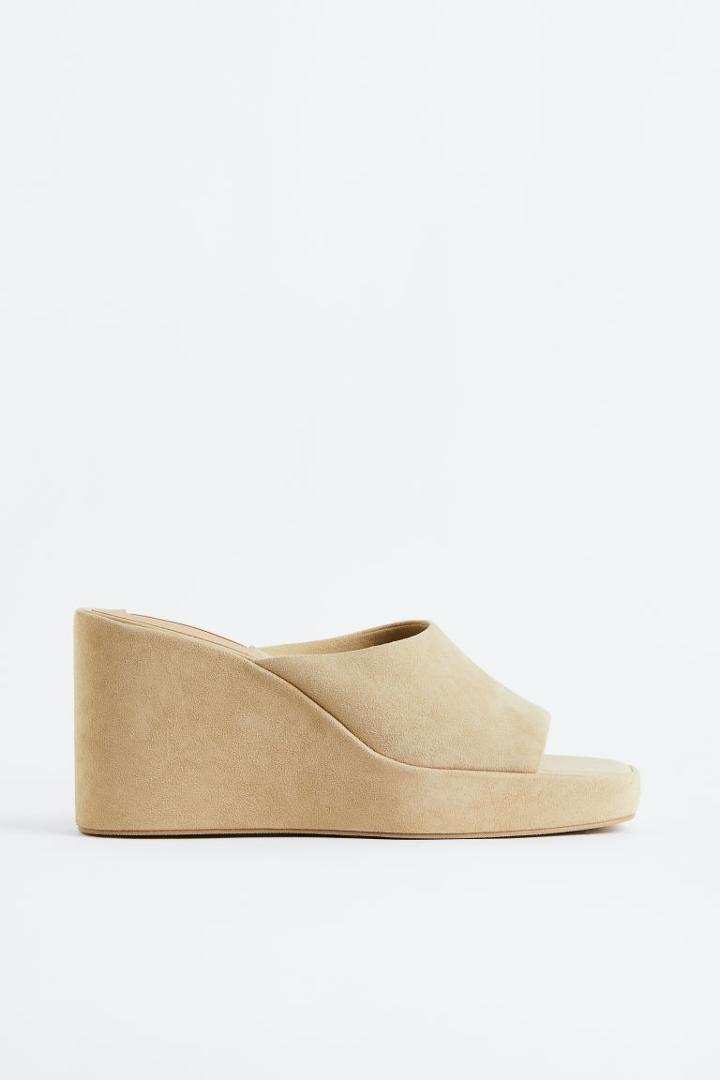 H & M - Wedge-heeled Suede Mules - Beige