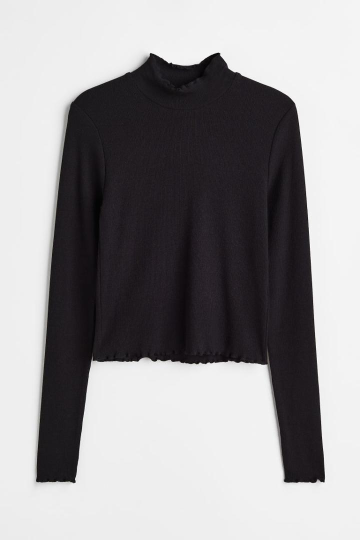 H & M - Ribbed Long-sleeved Top - Black