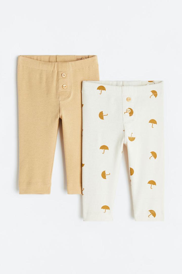 H & M - 2-pack Cotton Leggings - Beige