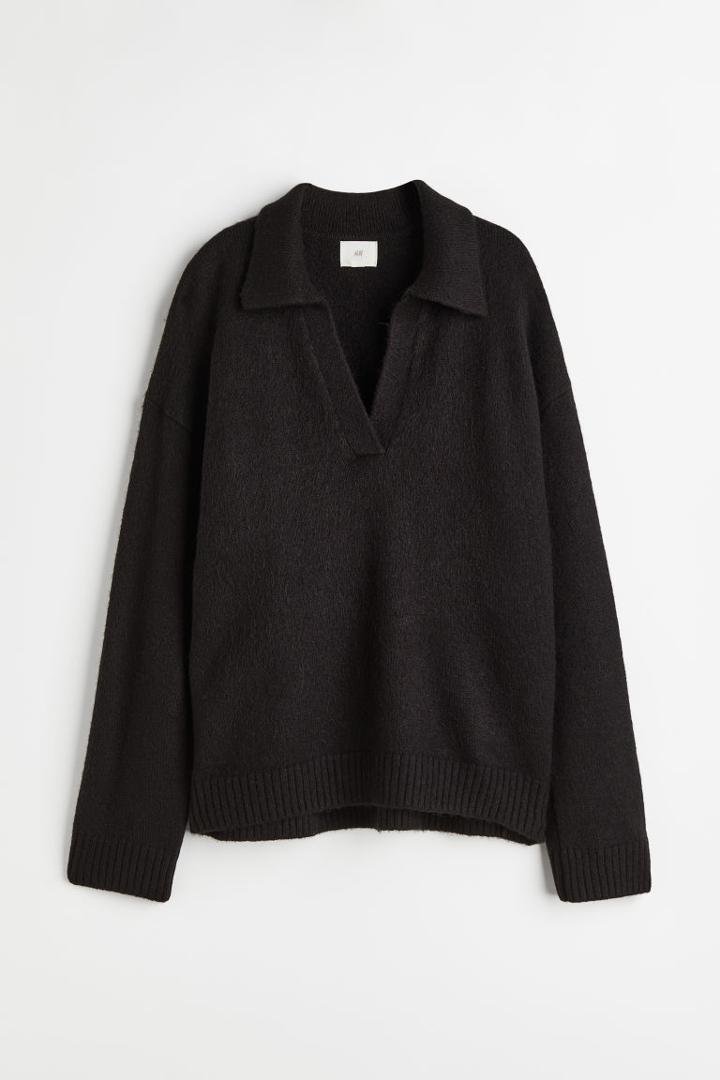 H & M - Fine-knit Collared Sweater - Black