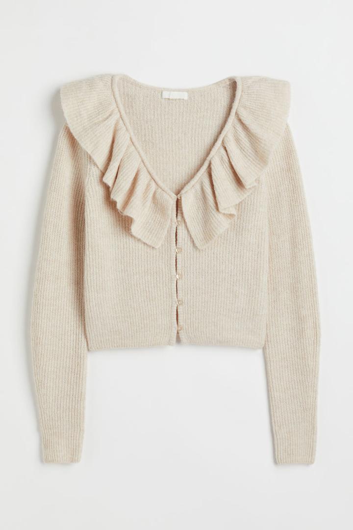 H & M - Flounce-collared Cardigan - Beige