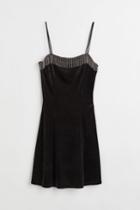 H & M - Rhinestone-embellished Velour Dress - Black