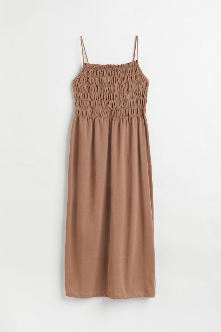 H & M - Smocking-detail Dress - Beige