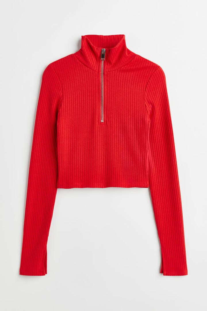 H & M - Half-zip Rib-knit Top - Red