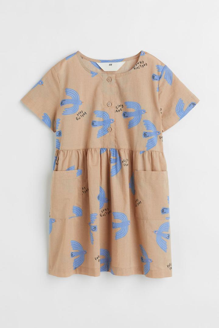 H & M - Patterned Cotton Dress - Beige