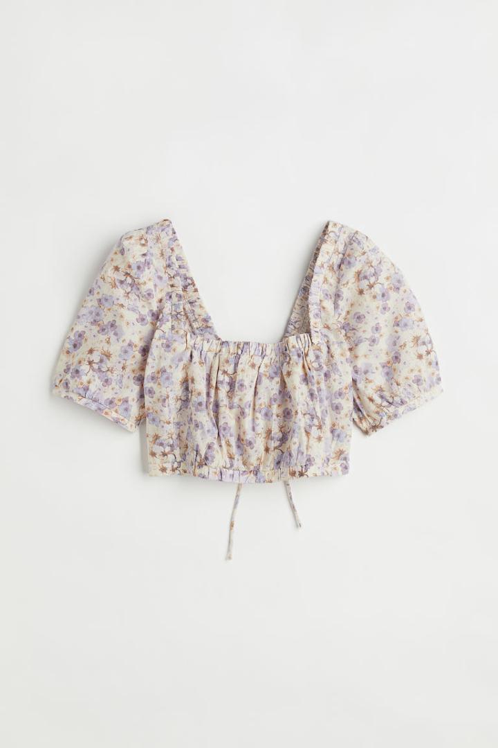 H & M - Linen-blend Crop Blouse - Purple