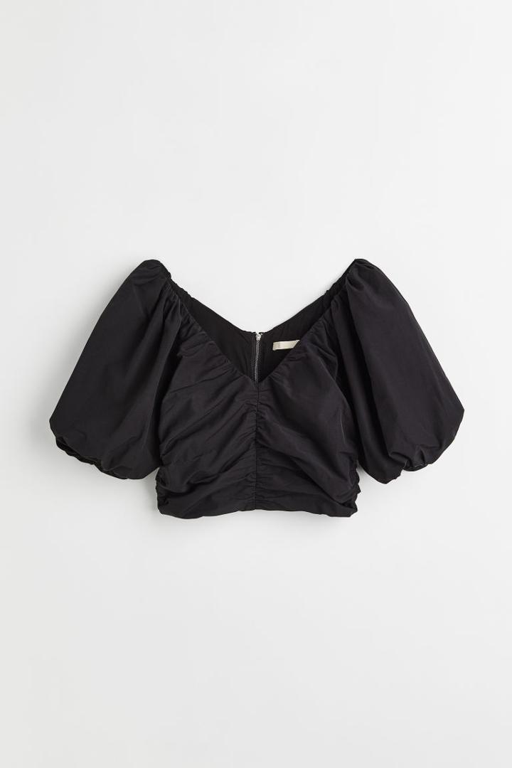 H & M - Gathered Puff-sleeved Top - Black