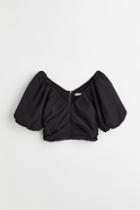 H & M - Gathered Puff-sleeved Top - Black