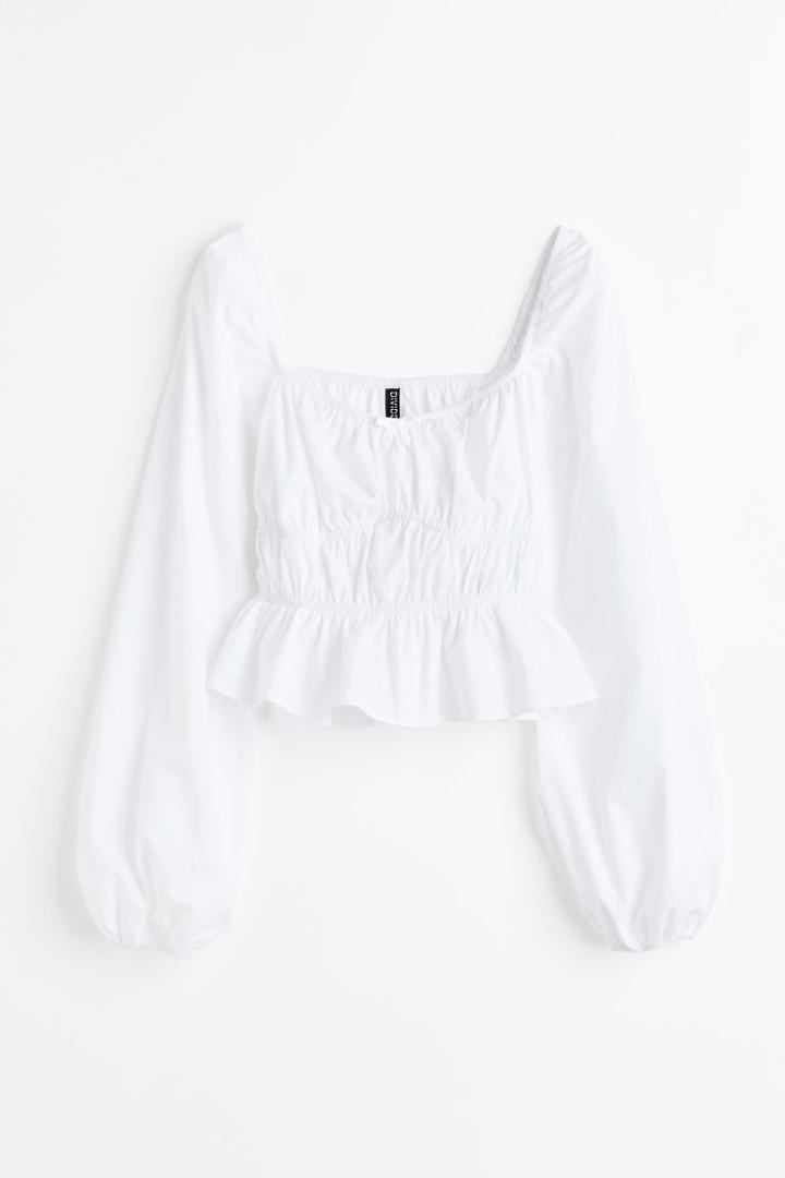 H & M - Balloon-sleeved Peplum Blouse - White