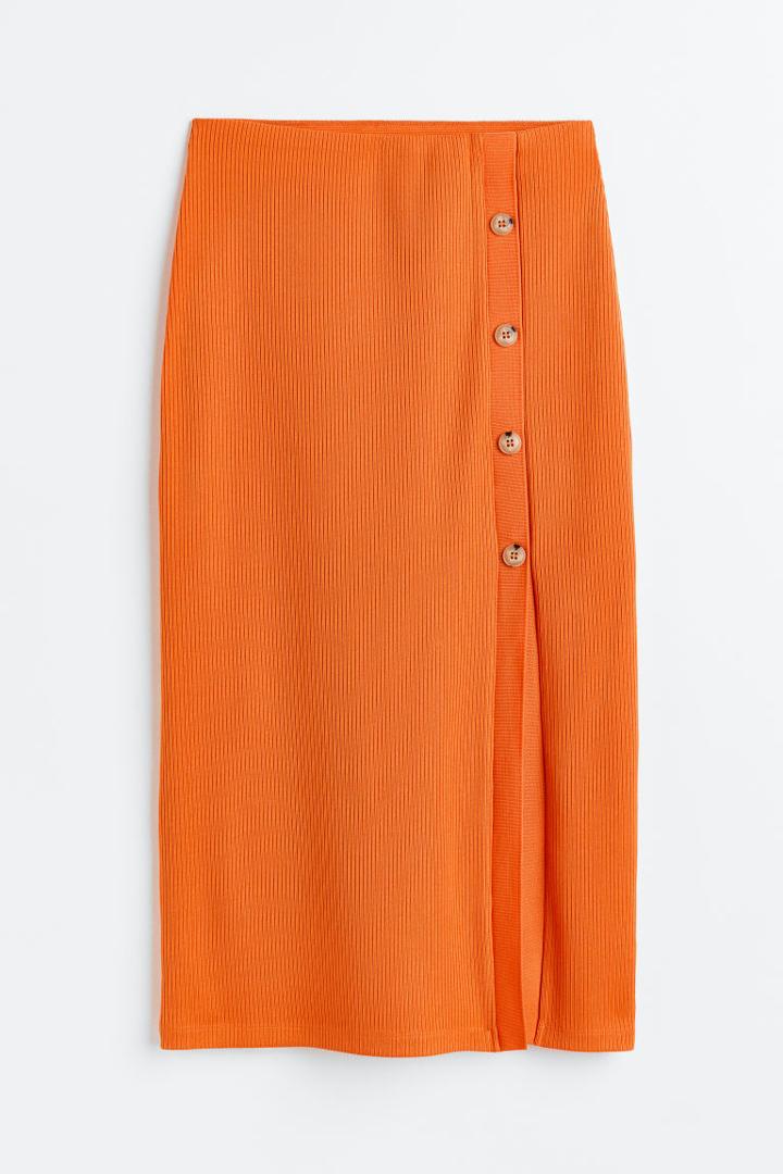 H & M - Button-detail Ribbed Skirt - Orange