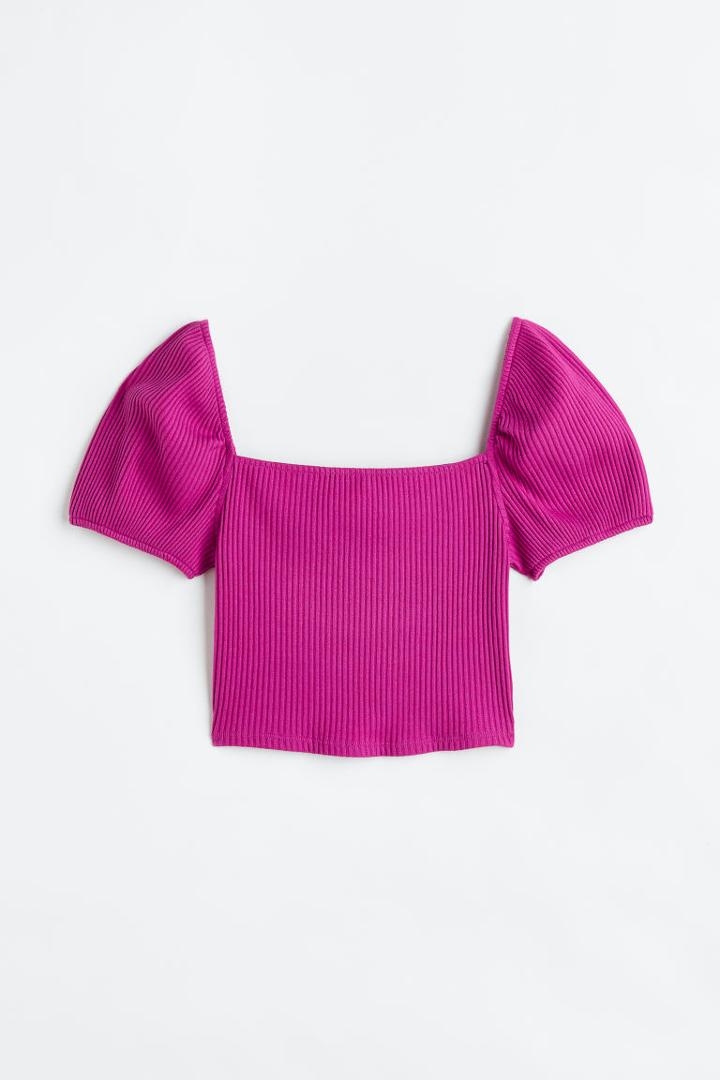 H & M - Puff-sleeved Ribbed Top - Purple