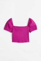 H & M - Puff-sleeved Ribbed Top - Purple