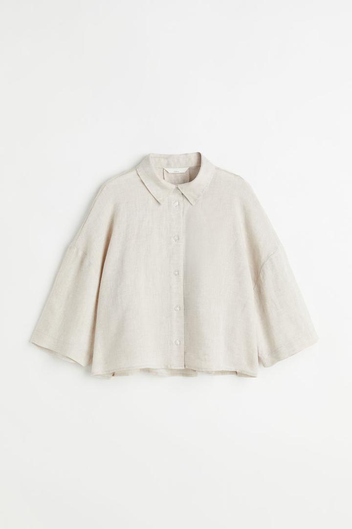 H & M - Linen Crop Shirt - Beige