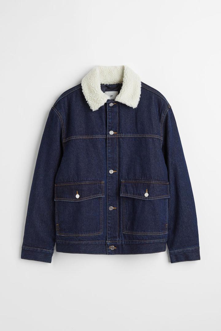 H & M - Lined Faux Shearling-collared Denim Jacket - Blue