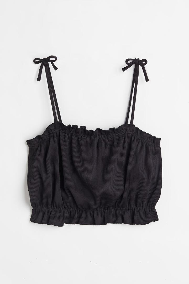 H & M - Short Ruffle-trimmed Top - Black
