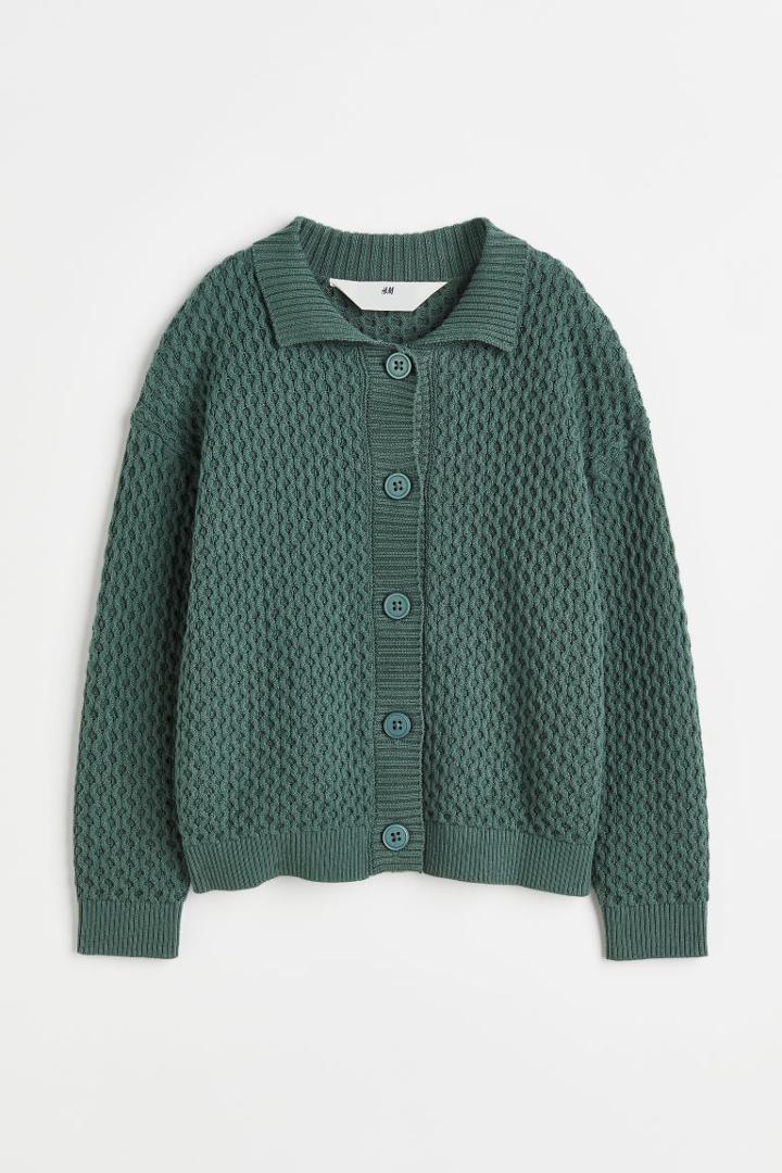H & M - Cotton Cardigan With Collar - Green