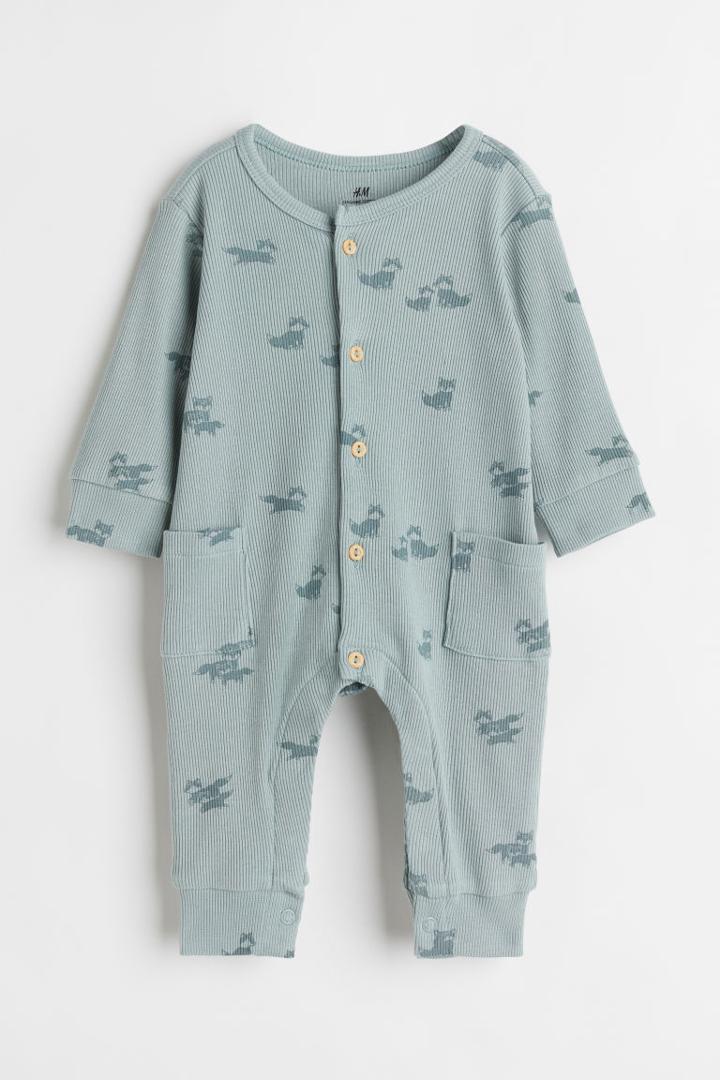 H & M - Ribbed Cotton Jumpsuit - Turquoise