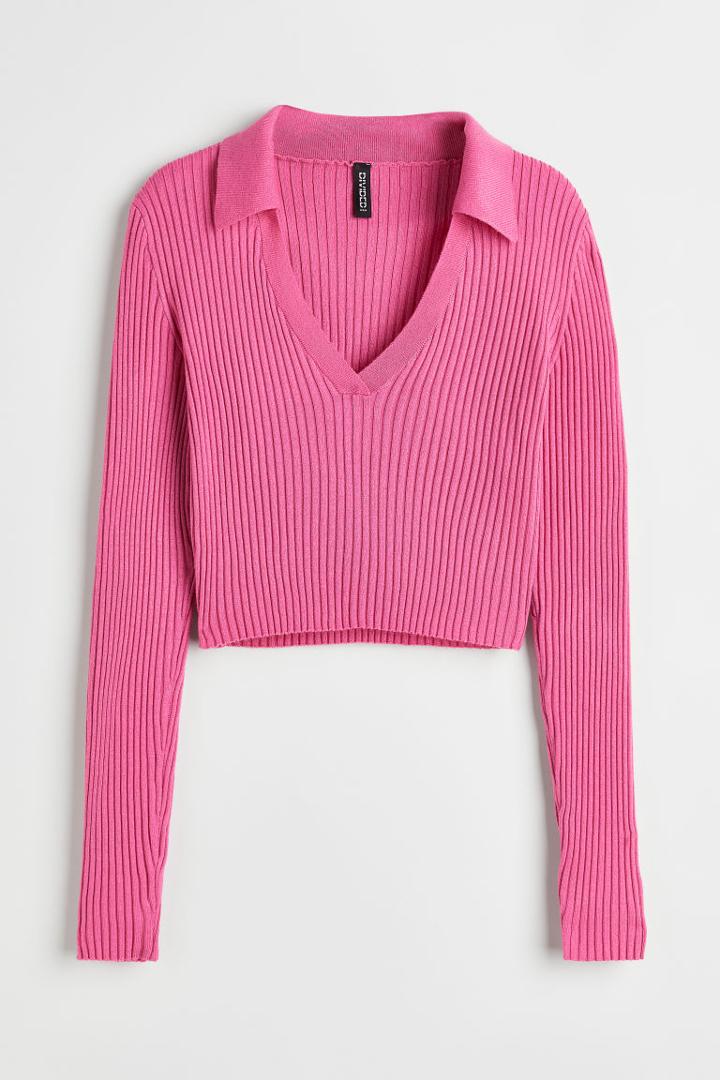 H & M - Collared Rib-knit Top - Pink