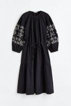 H & M - Embroidered Tie-belt Dress - Black