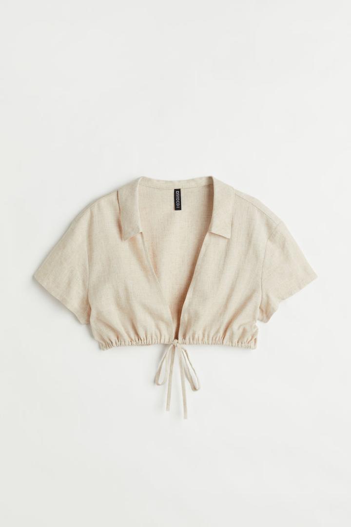 H & M - Drawstring-hem Crop Blouse - Beige
