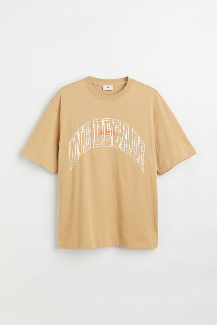 H & M - Relaxed Fit Printed T-shirt - Beige