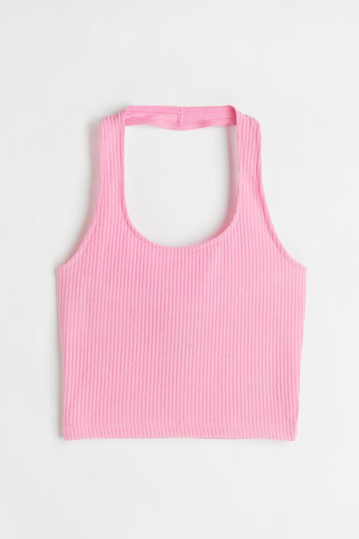 H & M - Rib-knit Halterneck Top - Pink