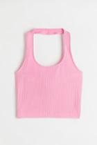 H & M - Rib-knit Halterneck Top - Pink