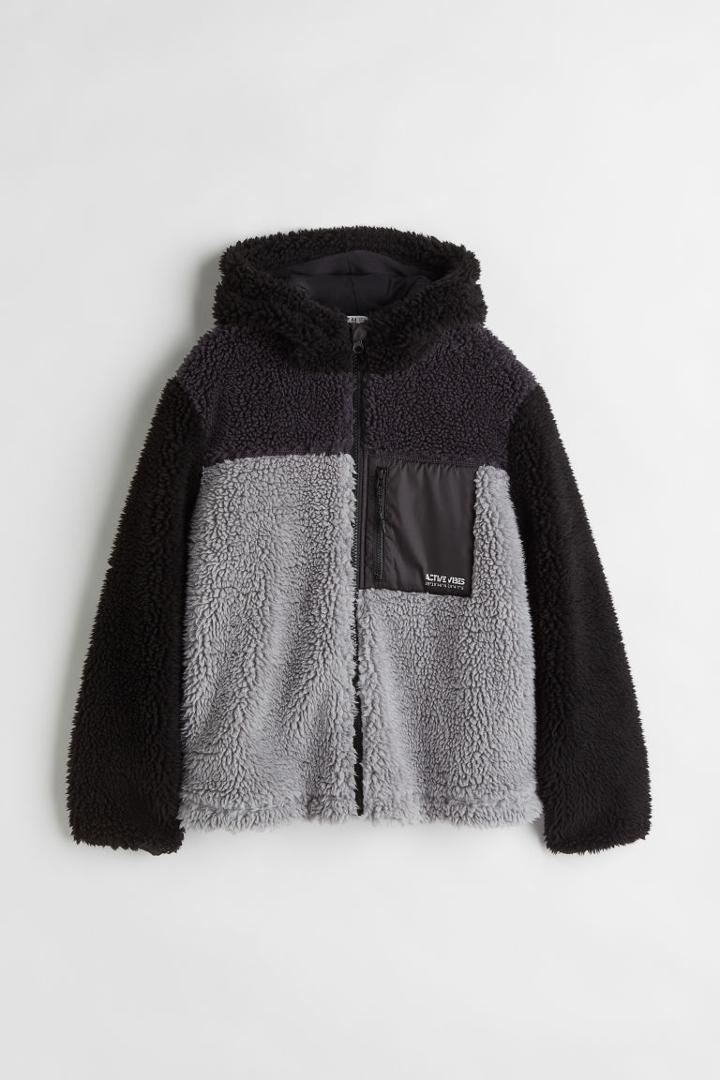 H & M - Faux Shearling Hooded Jacket - Gray