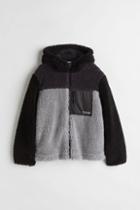 H & M - Faux Shearling Hooded Jacket - Gray