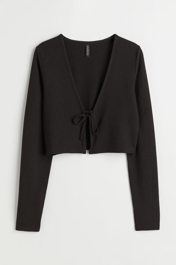 H & M - Ribbed Tie Detail Cardigan - Black