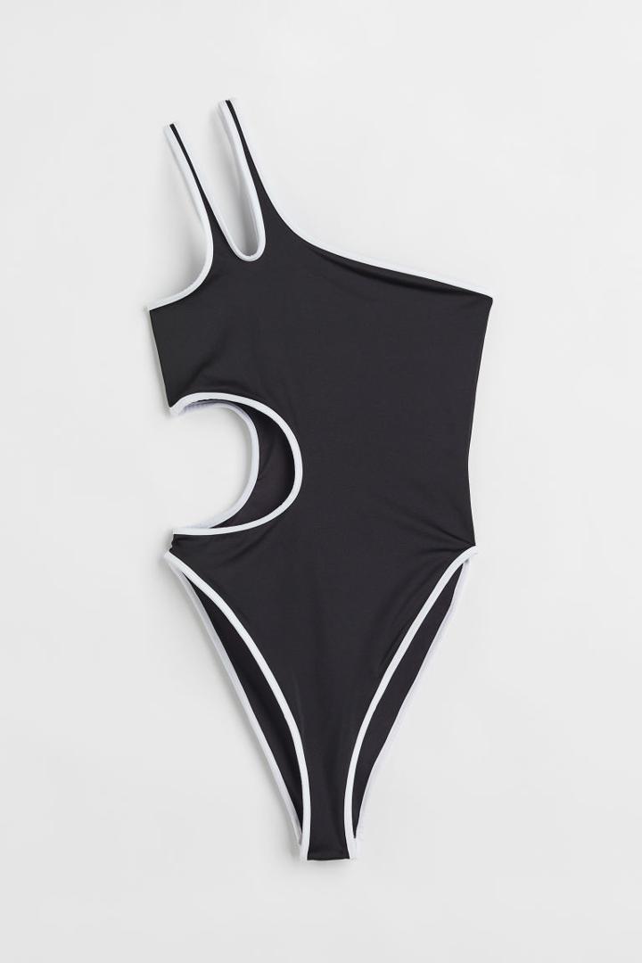 H & M - High Leg One-shoulder Swimsuit - Black