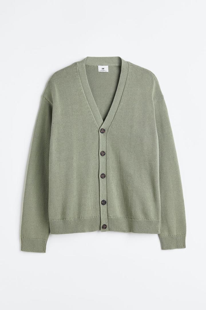 H & M - Relaxed Fit Fine-knit Cardigan - Green