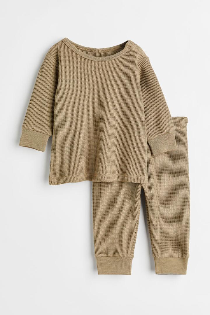 H & M - Waffled Cotton Jersey Set - Green
