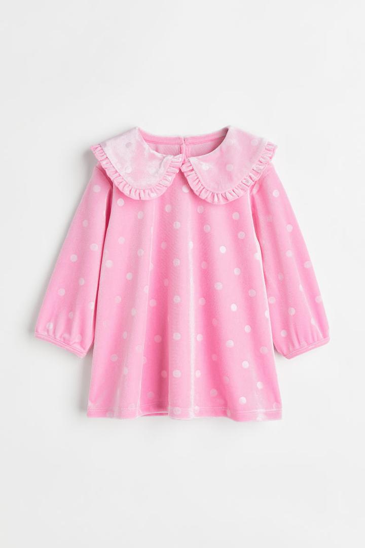 H & M - Collared Velour Dress - Pink