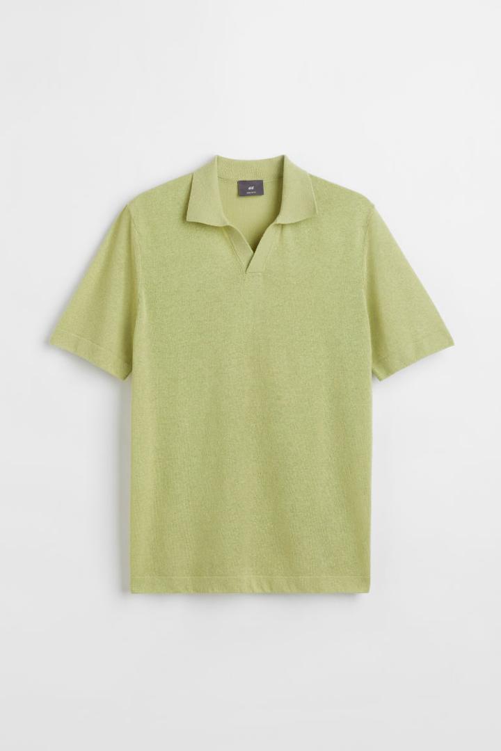 H & M - Regular Fit Linen-blend Polo Shirt - Green