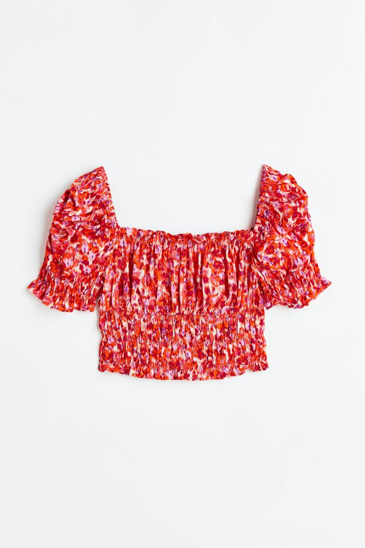 H & M - Puff-sleeved Crop Blouse - Pink