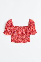 H & M - Puff-sleeved Crop Blouse - Pink