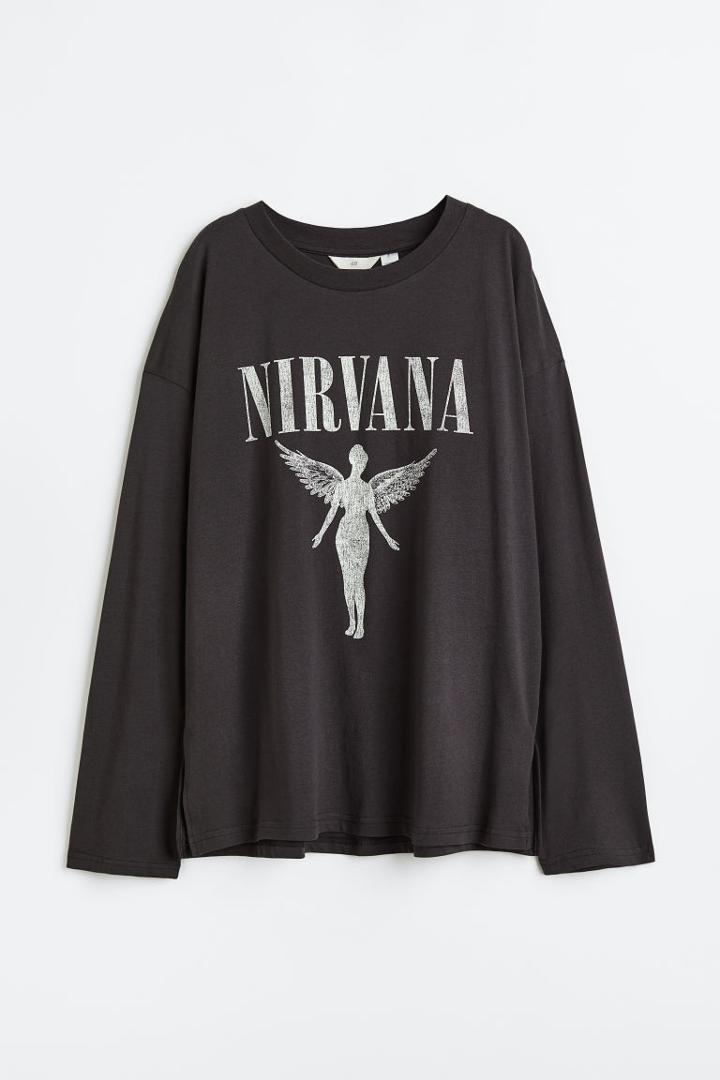 H & M - Oversized Print-motif Top - Gray