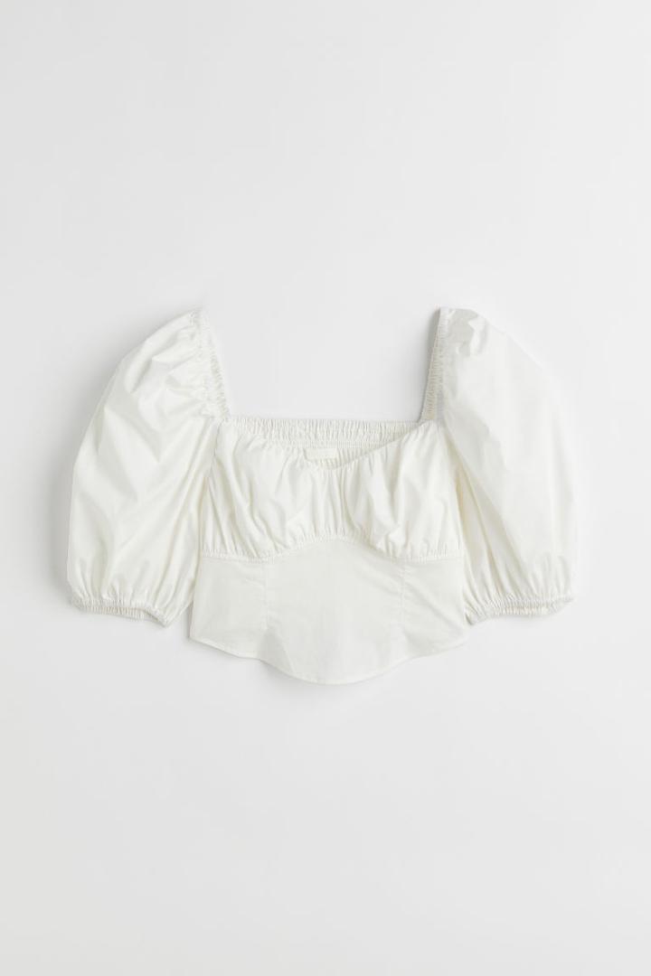 H & M - Puff-sleeved Cotton Blouse - White