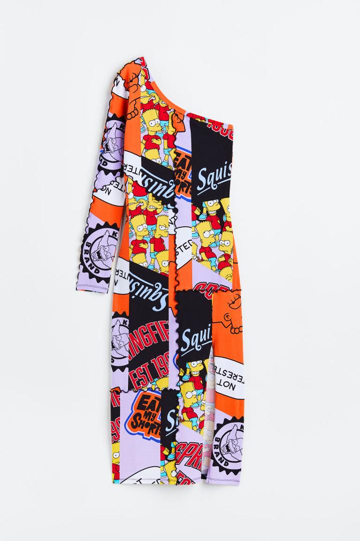 H & M - Patterned One-shoulder Dress - Orange