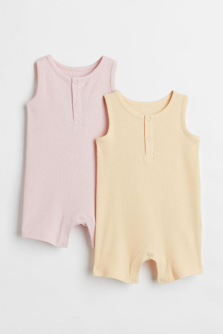 H & M - 2-pack Sleeveless Cotton Romper Suits - Pink