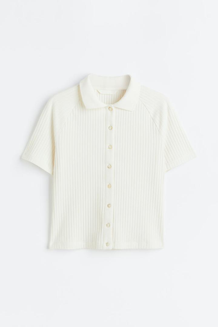 H & M - Button-front Top With Collar - White