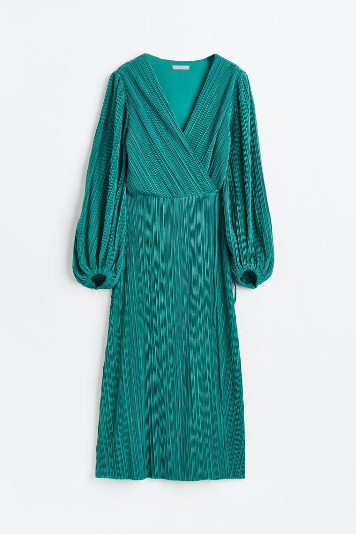 H & M - Pleated Wrap-front Dress - Green