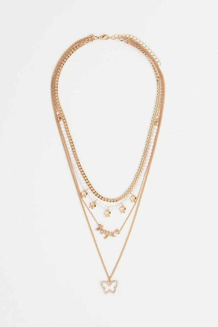 H & M - Double-strand Rhinestone-pendant Necklace - Gold